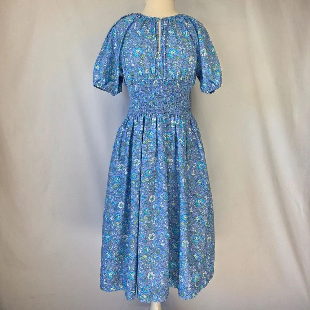 J.Crew Floral Provence Midi Dress With Smocked Waist & Puff Sleeves 100% Cotton